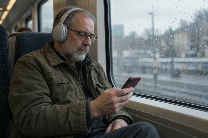 A commuter wearing headphones studies on a phone beside a rain-covered train window.