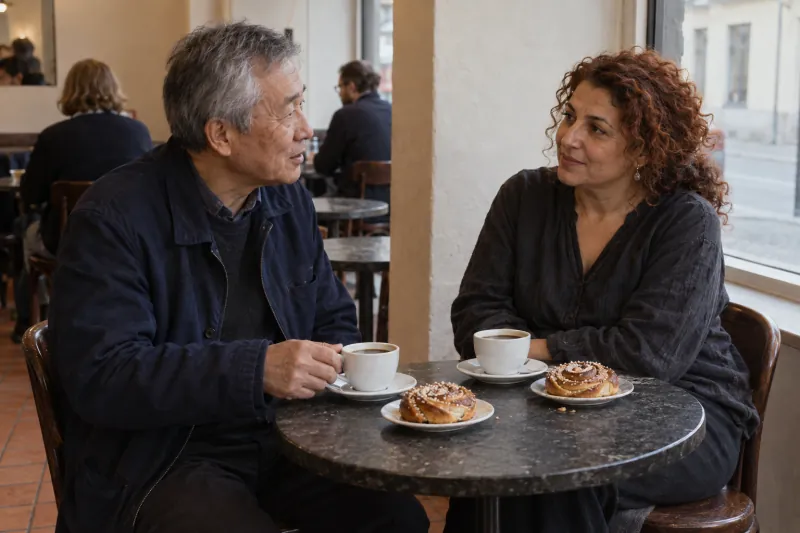 Two adults chat at a café table over coffee and cinnamon buns.