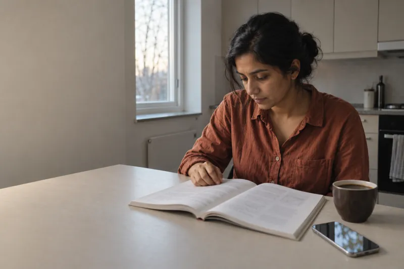 An adult studies a textbook beside a phone and coffee at a kitchen table in morning light.