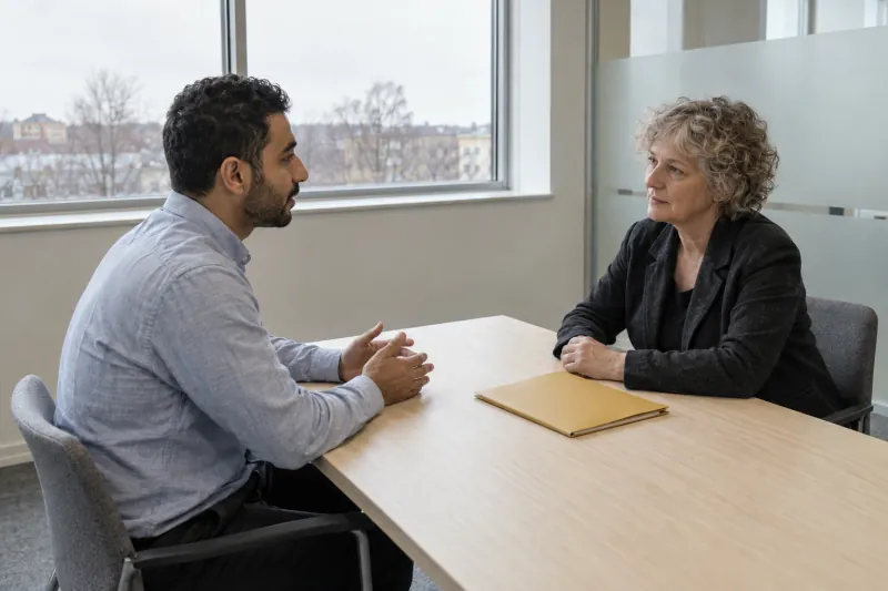 Two adults have a job interview across a table in a bright meeting room.