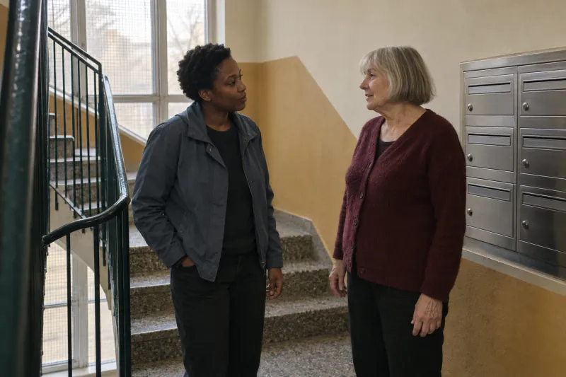 Two adults talk on an apartment stairwell landing beside unlabelled mailboxes.